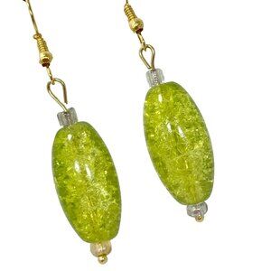 Murano Style Art Glass Bead Earrings Lime Green Gold Plated Crackled Glass Balls